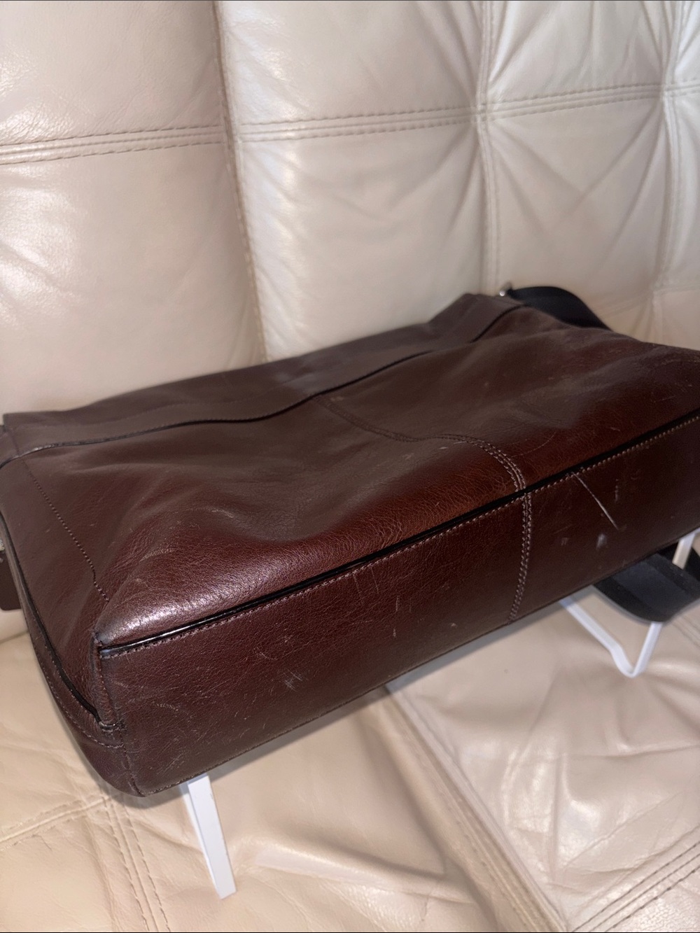 Coach Men's Brown Leather Messenger Bag with Stripe Strap - Picture 12 of 15